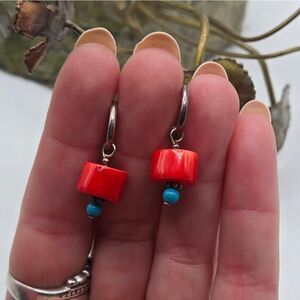 "5/$25" Red Bead Silvertone Southwestern Dangle Earrings